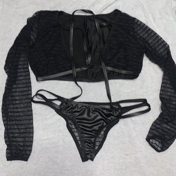 2Pc Faux Leather and Sheer Ribbed Fabric Dreamgirl Set - Picture 3 of 7